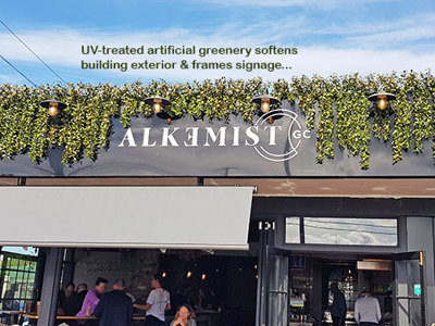 UV-treated artificial greenery softens Cafe facade & frames signage...