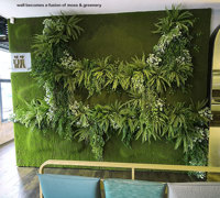Mossy plant-wall gives softening 'green-touch' to modern restaurant/bar...