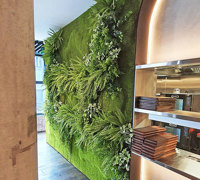 Mossy plant-wall gives softening 'green-touch' to modern restaurant/bar...