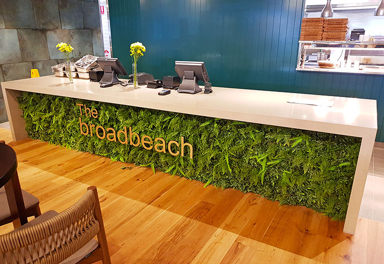 green-wall panels on reception desk