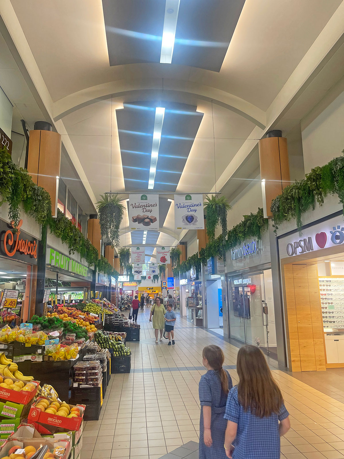 Bulkhead artificial Greenery & matching hanging-baskets brighten mall