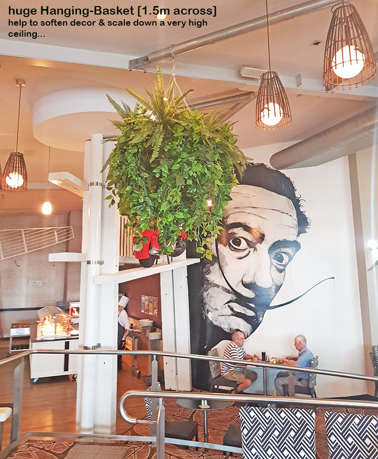 Huge Hanging-Baskets add cosy green feel to Hotel Eatery...