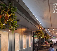 Hanging-Baskets with lights brighten up marina restaurant...