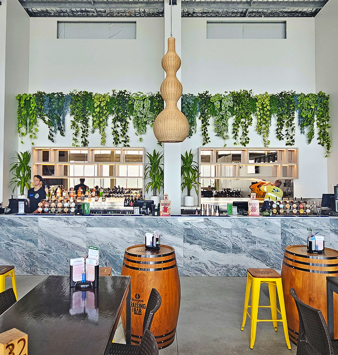 Bare high wall behind Bar softened by trailing greenery